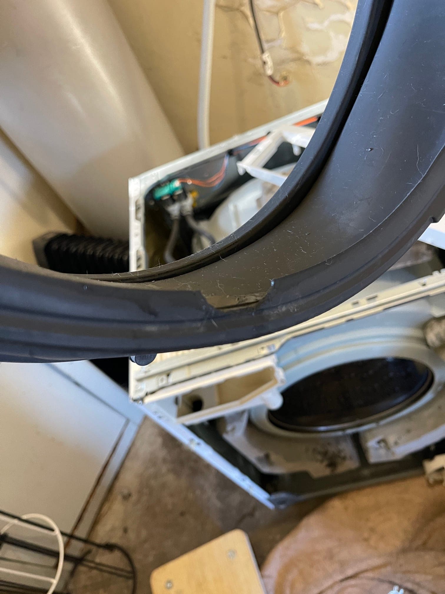 A torn dishwasher door seal — a common leak source.